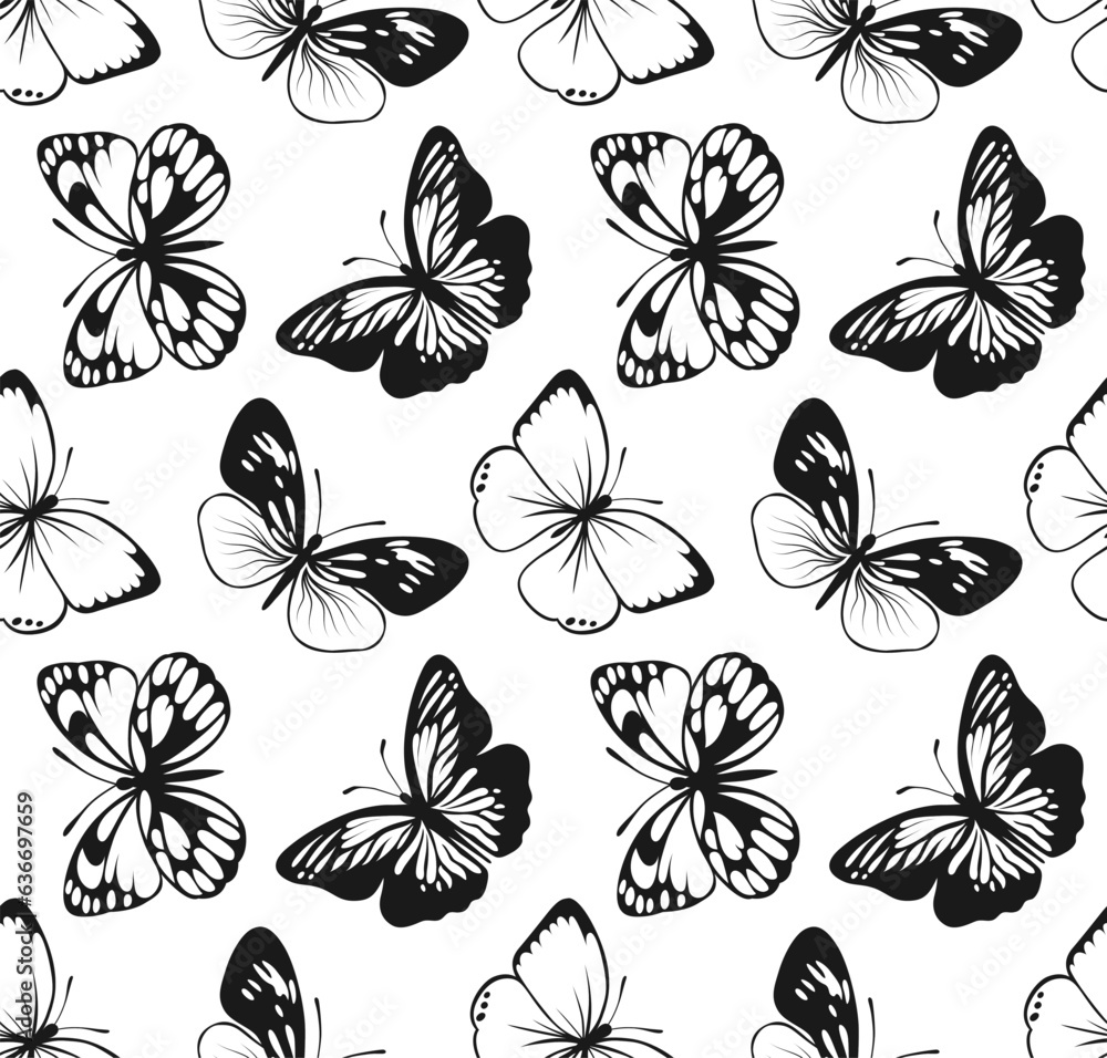 Butterfly Seamless Pattern. Decorative Fly Insect Background. Black and White Botanical Texture