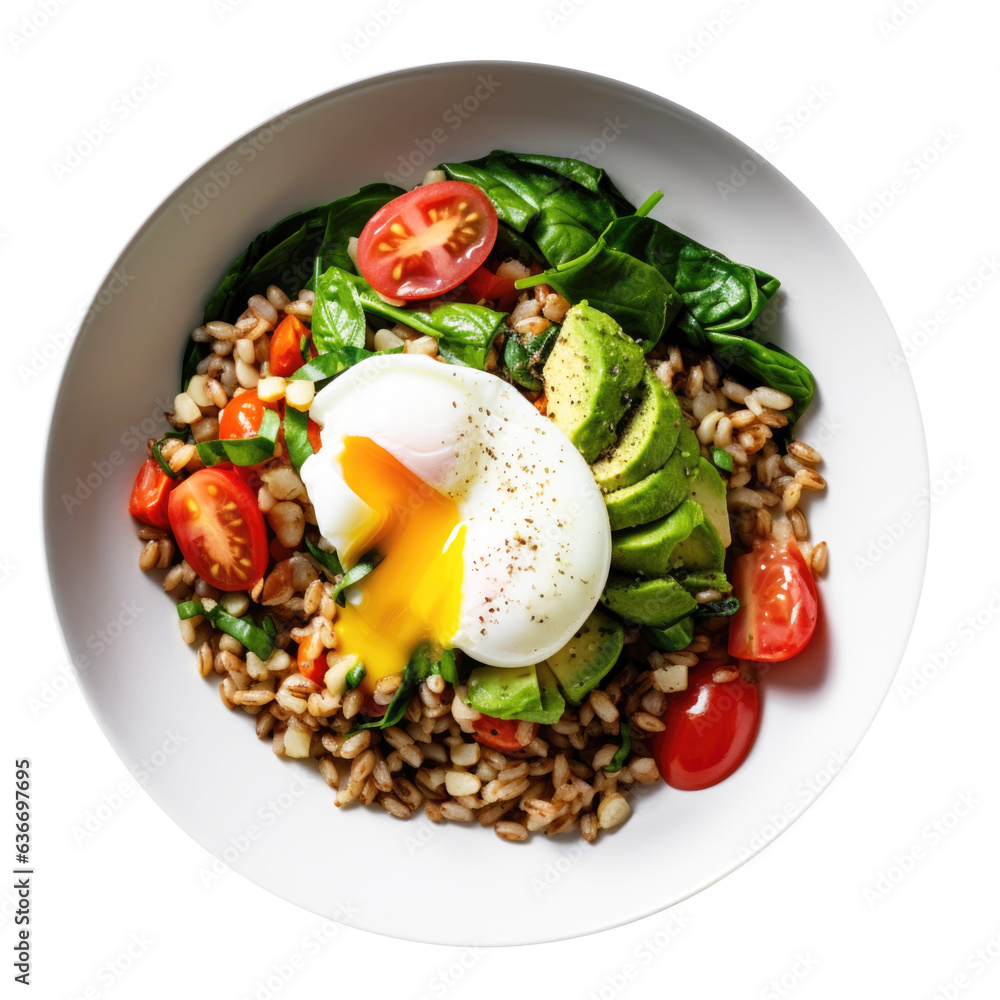 Healthy Farro Grain Breakfast Bowl with Spinach, Avocado, Tomatoes and