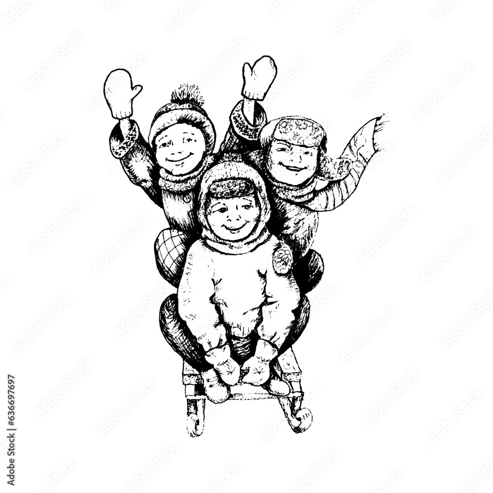 custom made wallpaper toronto digitalLaughing Boys in Winter Riding Sledge Downhill Sketch Drawing Vector Illustration