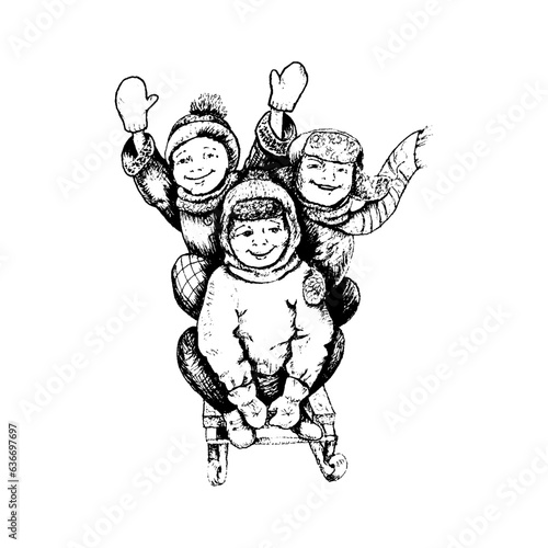 Laughing Boys in Winter Riding Sledge Downhill Sketch Drawing Vector Illustration