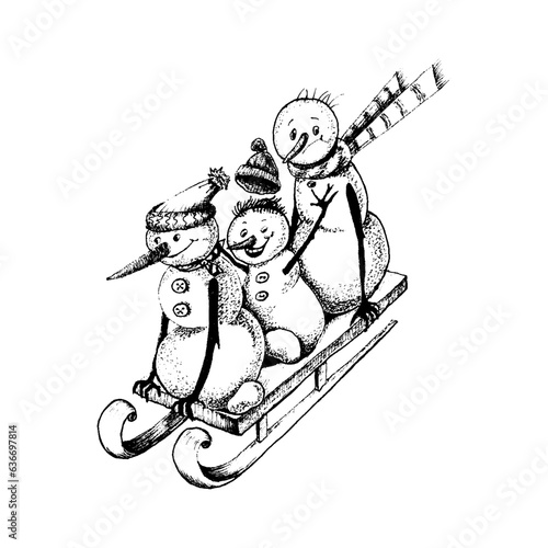 Funny Snowman Character as Winter Snow Figure Sketch Drawing Vector Illustration