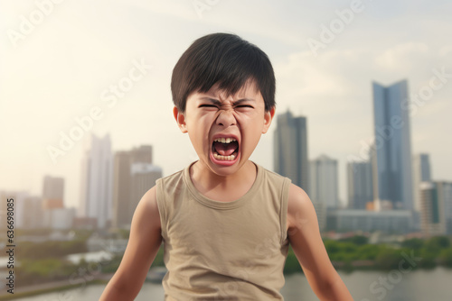 Anger Asian Boy In Beige Tank Top On City Background photo