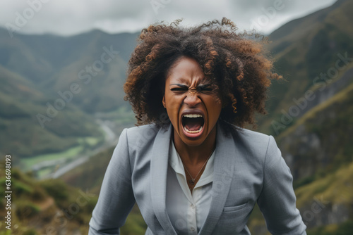 Anger African Girl In Gray Suit On Mountain Scenery Background