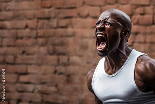 Anger African Man In White On Brick Wall Background