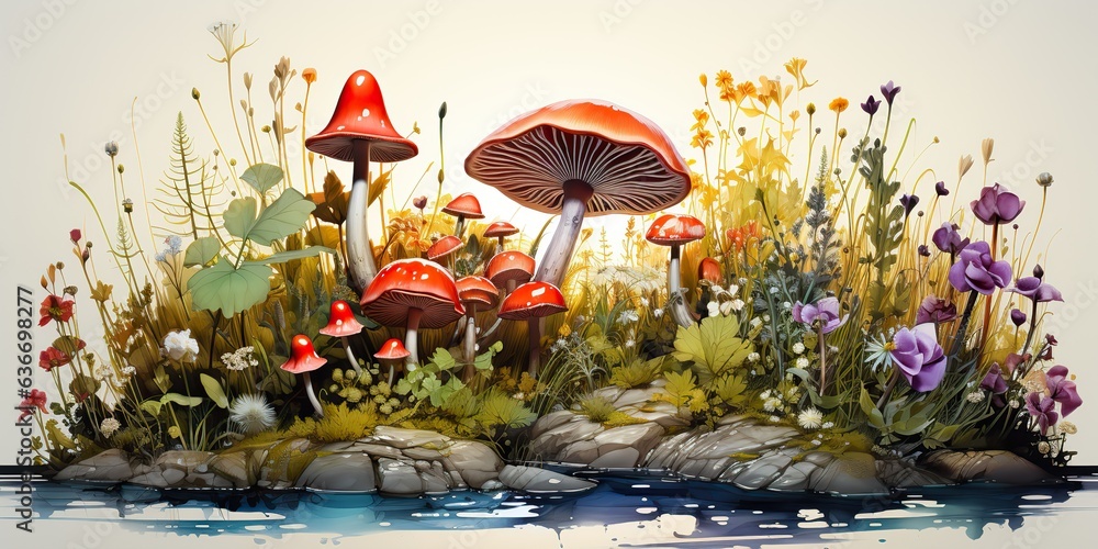 AI Generated. AI Generative. Draw paint watercolor sketch mushrooms decoration background canvas paint. Plant forest illustration
