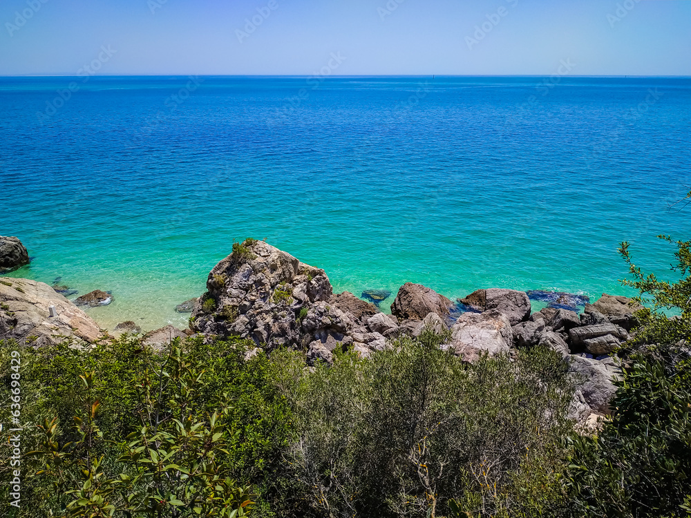 Green leaves and vegetation with idyllic landscape with crystal clear water at Galapos beach, Setubal PORTUGAL