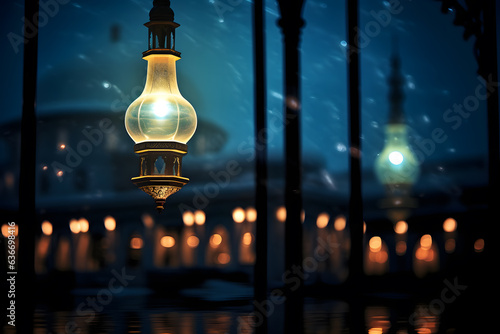 Photo a mosques minaret illuminated at night