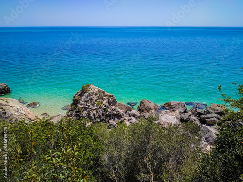 Green leaves and vegetation with idyllic landscape with crystal clear water at Galapos beach, Setubal PORTUGAL photo
