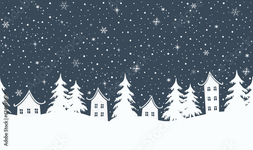 Winter background. Christmas village. Seamless border. Fairy tale winter landscape. White houses, fir trees, snowflakes on dark blue background. Vector illustration