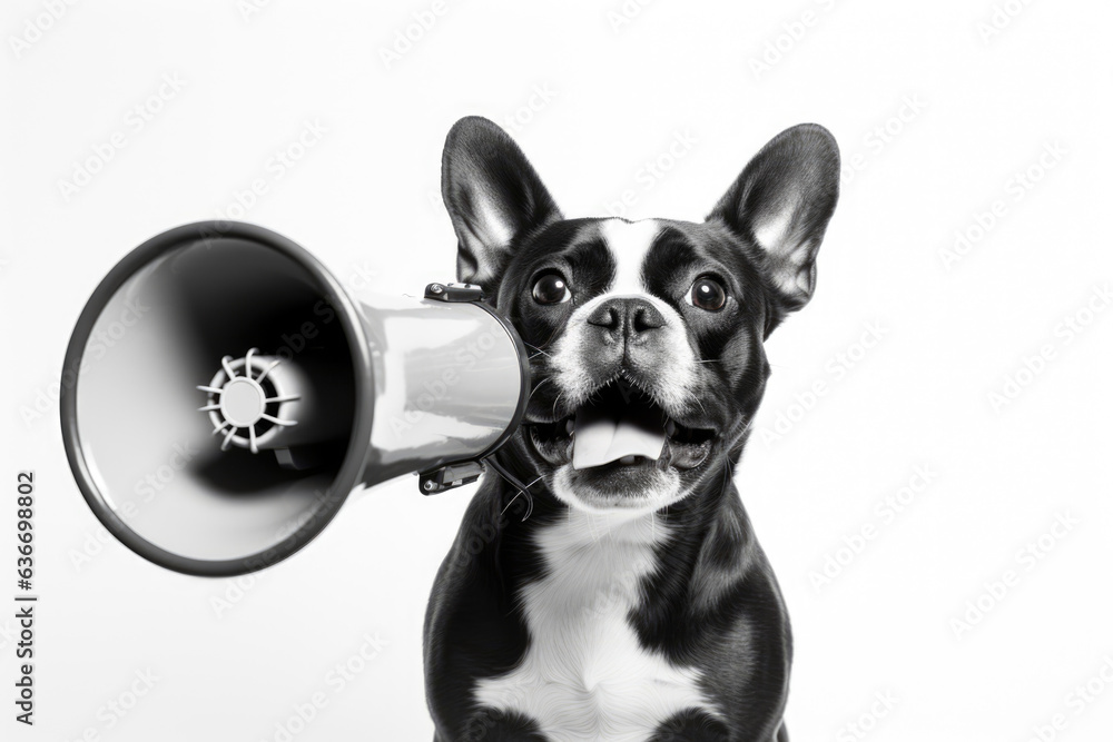 Funny Dog Speaks Into Loudspeaker On White Background