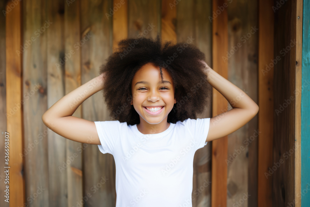 Happiness African Girl In White Polo Shirt On Wooden Plank Background Happiness African Girl In White Polo Shirt On Wooden Plank Background