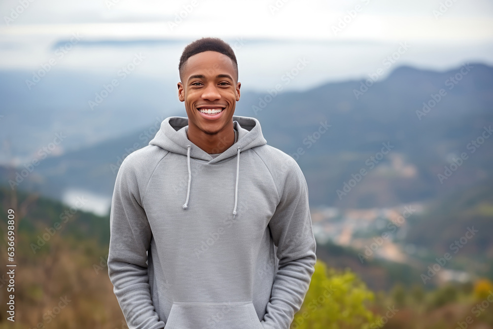 Happiness African Man In Gray Cardigan On Mountain Scenery Background Happiness African Man In Gray Cardigan On Mountain Scenery Background