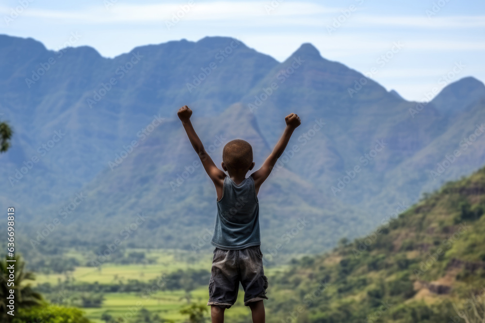 Happiness African Boy In Gray Shorts On Mountain Scenery Background