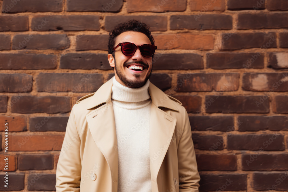 Happiness Arab Man In Beige Jacket On Brick Wall Background Happiness Arab Man In Beige Jacket On Brick Wall Background