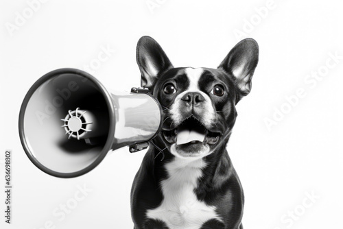 Funny Dog Speaks Into Loudspeaker On White Background © Anastasiia