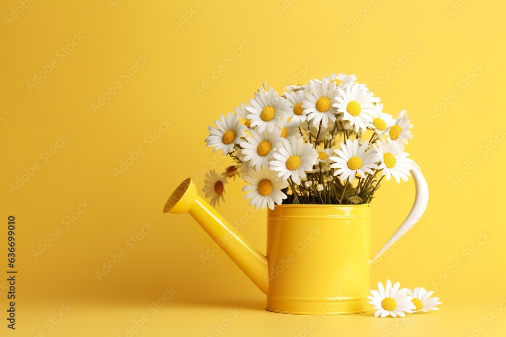 Beautiful chamomile flowers in yellow watering can on yellow background. Fresh white flowers. Spring concept background 3D Rendering, 3D Illustration