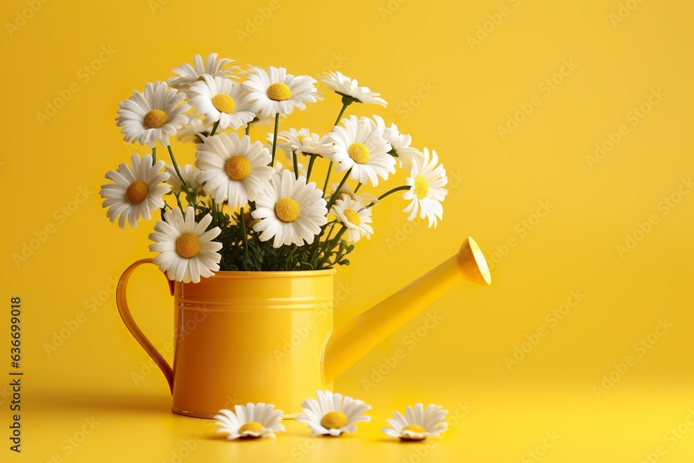 Beautiful chamomile flowers in yellow watering can on yellow background. Fresh white flowers. Spring concept background 3D Rendering, 3D Illustration
