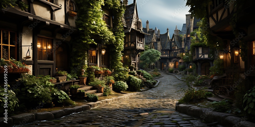 Fototapeta premium AI Generated. AI Generative. City town street walking plant flowers historical center. Adventure vacation travel background. Graphic Art