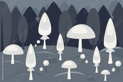 Mushrooms in magic forest at night. Fantastic woods landscape with trees  mushrooms  flowers and grass in mystic light  path and stones. Vector cartoon illustration