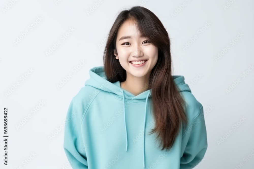 Happiness Asian Girl In Blue Sweatshirt On White Background Happiness Asian Girl In Blue Sweatshirt On White Background