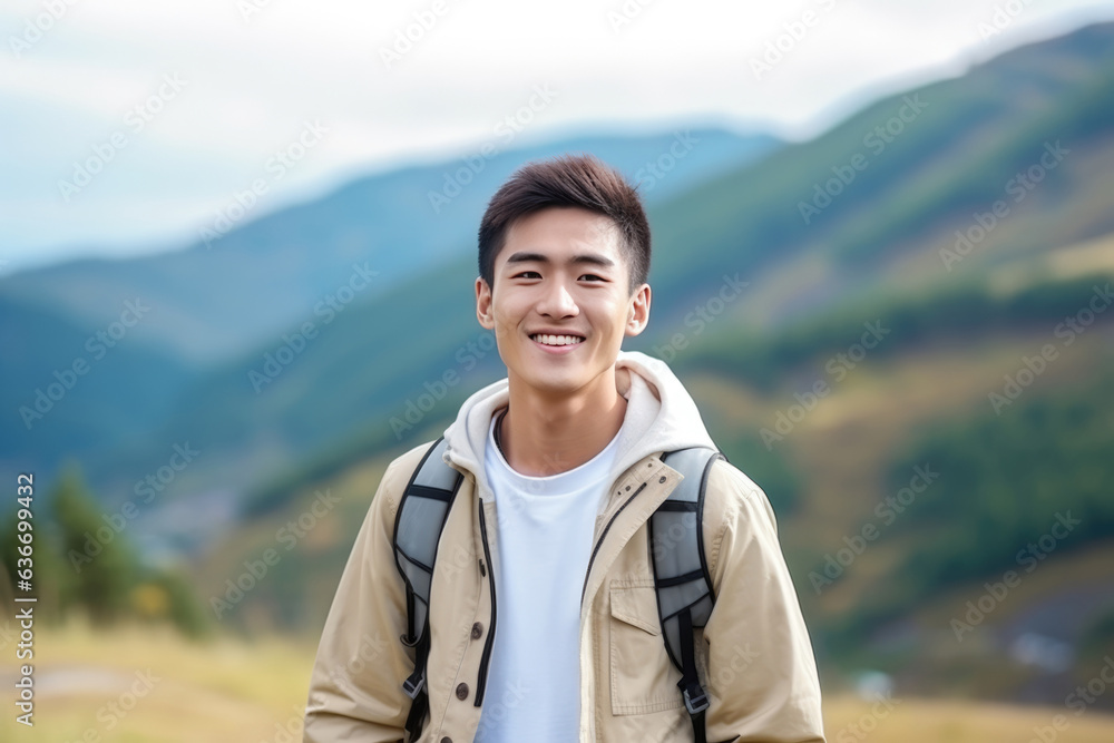 Happiness Asian Man In Beige Jacket On Mountain Scenery Background
