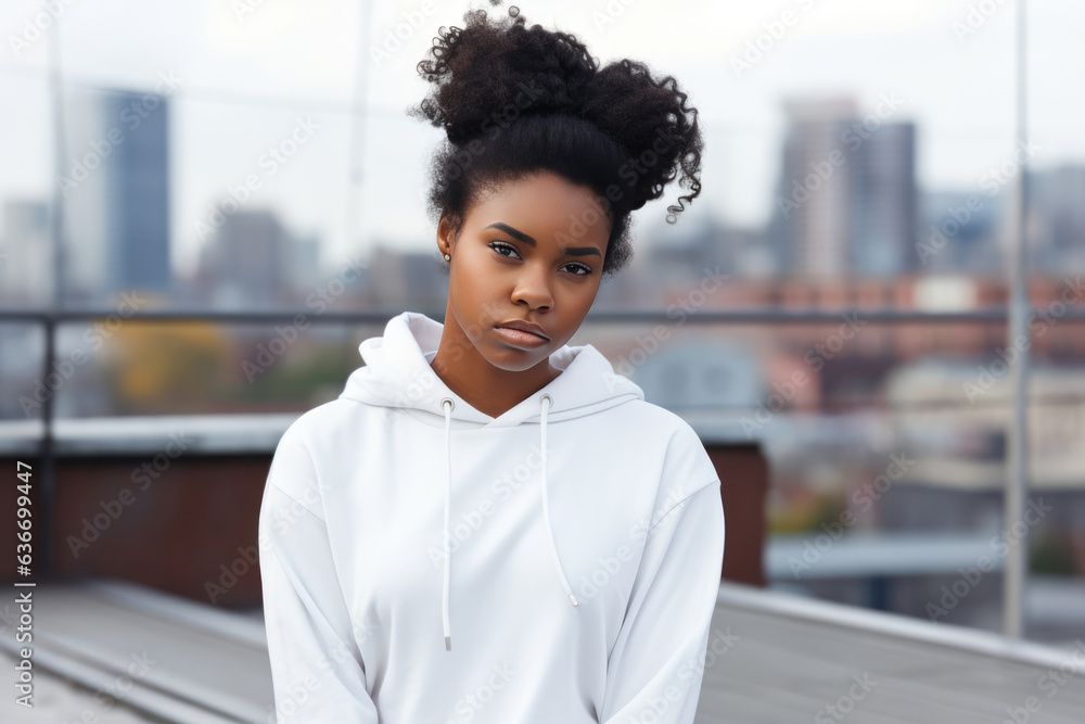 Sadness African Girl In White Sweatshirt On City Background
