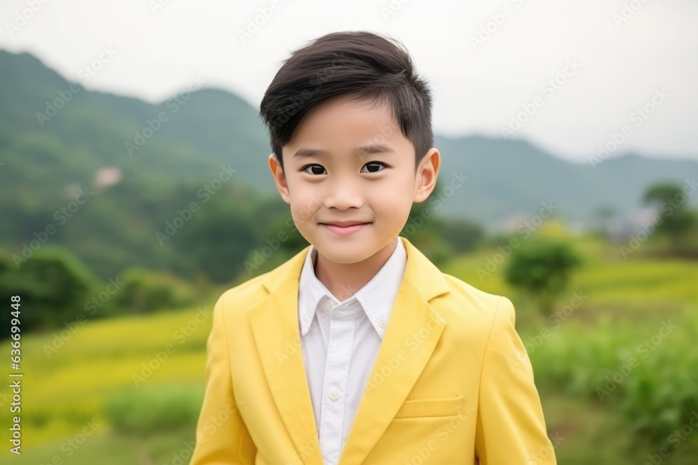 Happiness Asian Boy In Yellow Blazer On Nature Landscape Background Happiness Asian Boy In Yellow Blazer On Nature Landscape Background