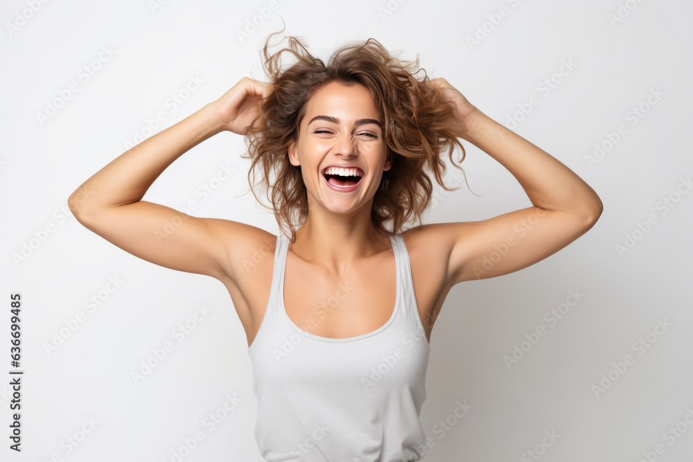 Happiness European Woman In Gray Tank Top On White Background Happiness European Woman In Gray Tank Top On White Background