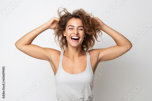 Happiness European Woman In Gray Tank Top On White Background
