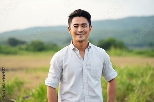 Happiness Asian Man In Gray Blouse On Nature Landscape Background