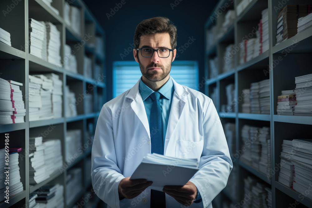 Portrait of a serious male doctor in a white coat and eyeglasses standing in a hospital library.