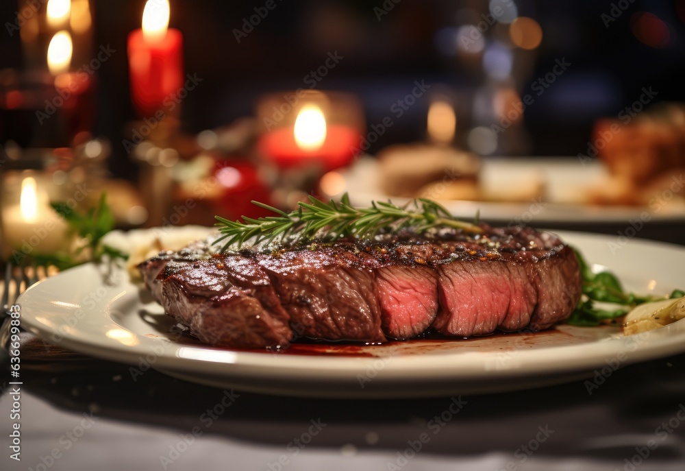 steak on white plate on table. wagyu steak on white plate on table. wagyu