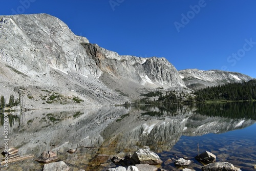 Reflection of mountain lake on water
