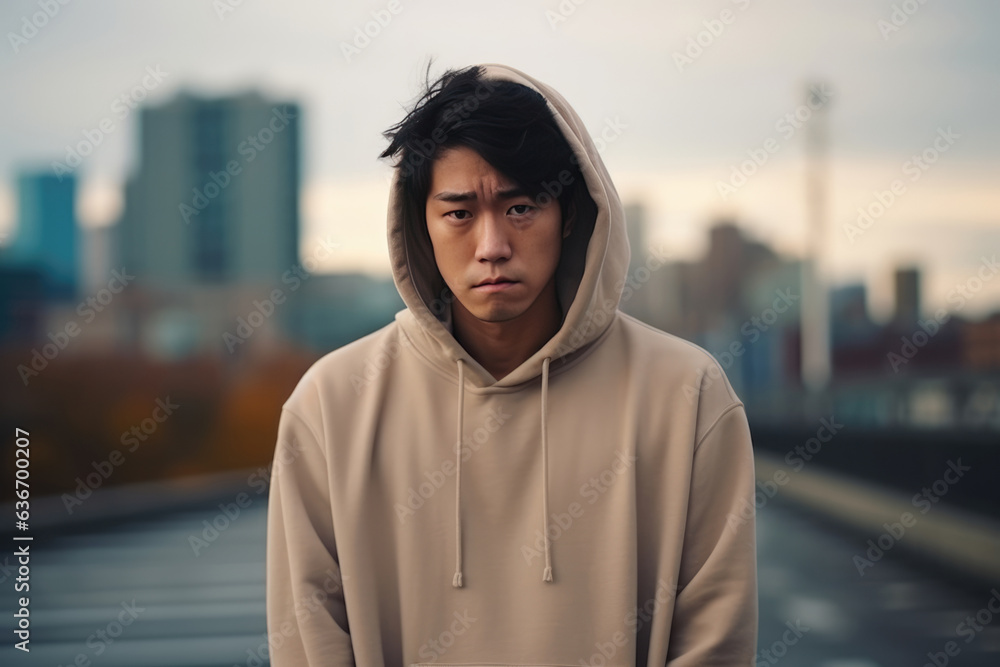 Sadness Asian Man In Beige Hoodie On City Background