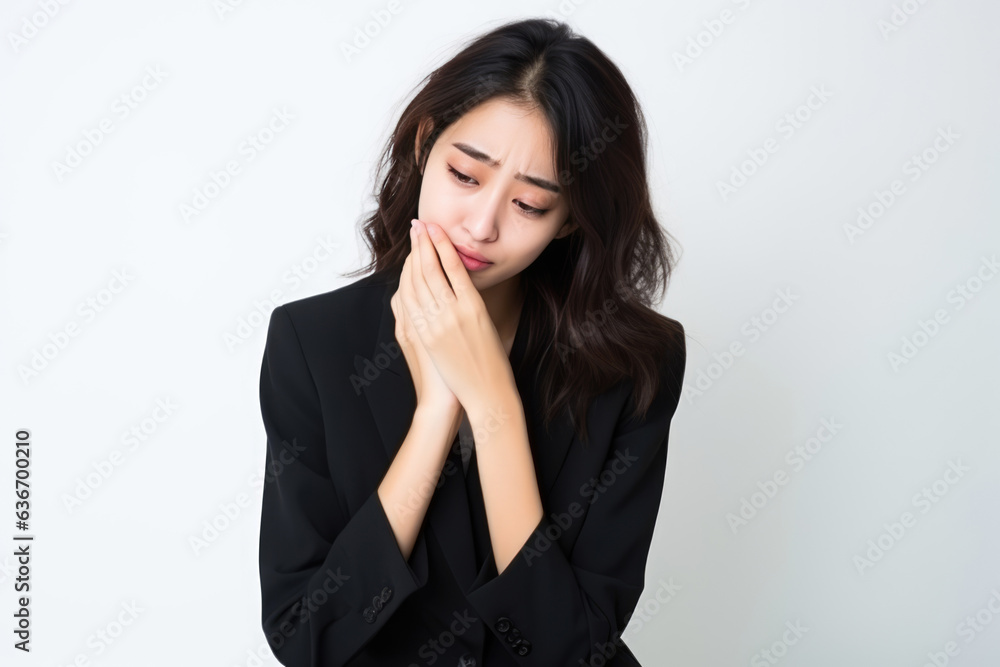 Sadness Asian Woman In Black Suit On White Background. A Girl Has A Toothache Sadness Asian Woman In Black Suit On White Background. A Girl Has A Toothache