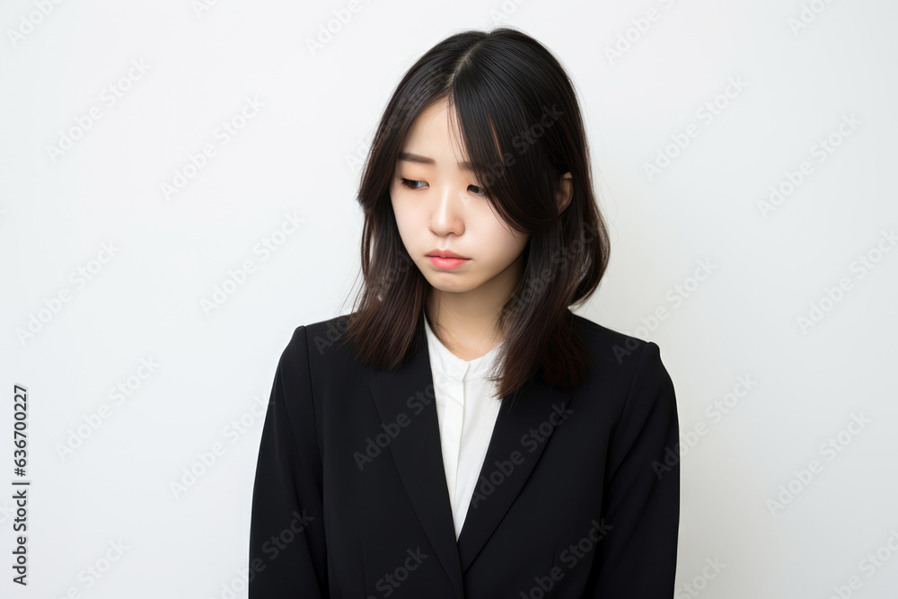 Sadness Asian Woman In Black Suit On White Background Sadness Asian Woman In Black Suit On White Background