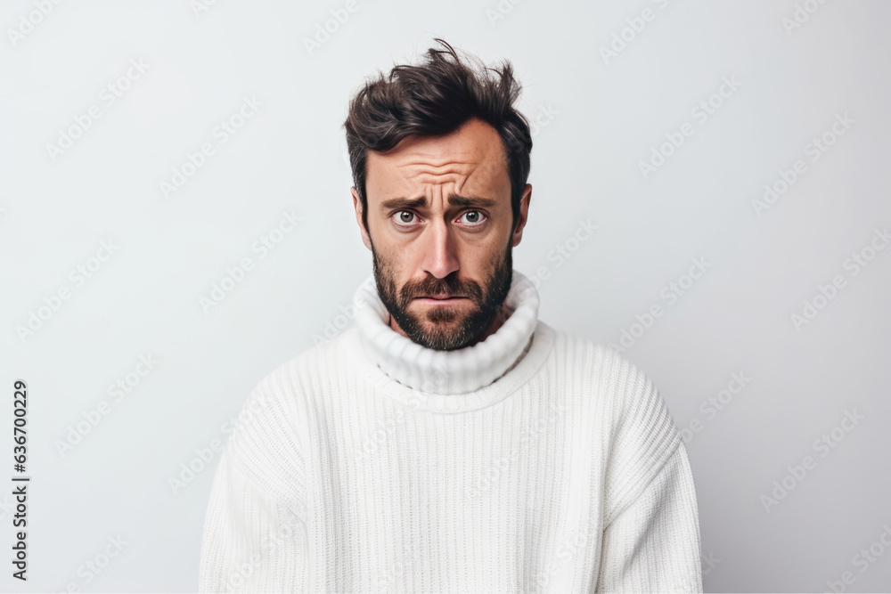 Sadness European Man In White Sweater On White Background Sadness European Man In White Sweater On White Background