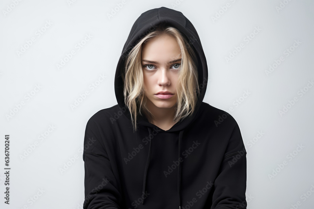 Sadness European Girl In Black Hoodie On White Background Sadness European Girl In Black Hoodie On White Background