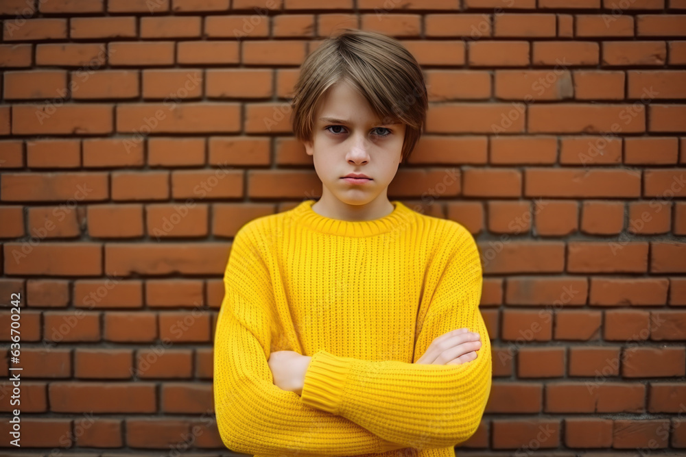 Sadness European Boy In Yellow Sweater On Brick Wall Background Sadness European Boy In Yellow Sweater On Brick Wall Background