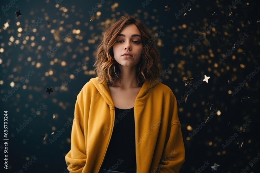Sadness European Woman In Yellow Cardigan On Galaxy Stars Background Sadness European Woman In Yellow Cardigan On Galaxy Stars Background