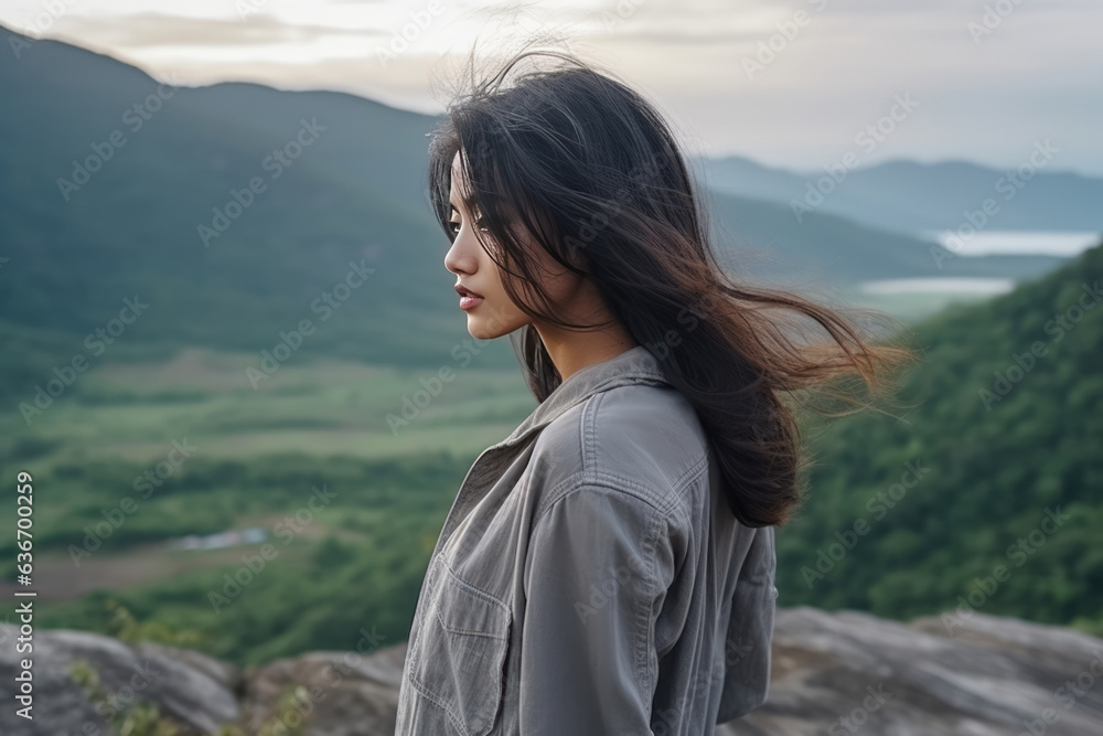 Sadness Asian Woman In Gray Blouse On Mountain Scenery Background