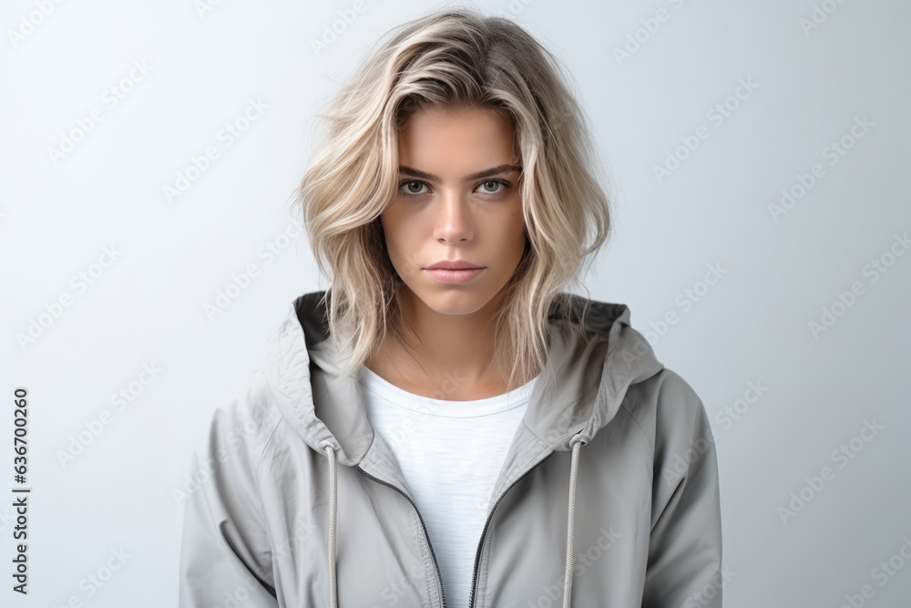 Sadness European Woman In Gray Jacket On White Background Sadness European Woman In Gray Jacket On White Background