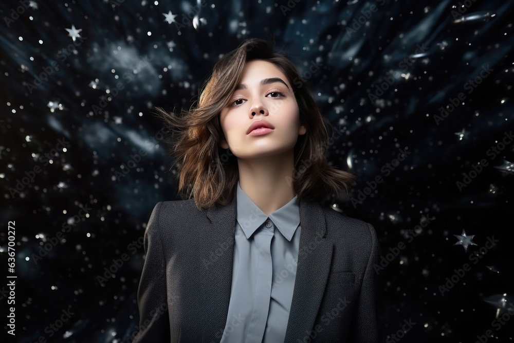 Sadness European Girl In Gray Blazer On Galaxy Stars Background Sadness European Girl In Gray Blazer On Galaxy Stars Background