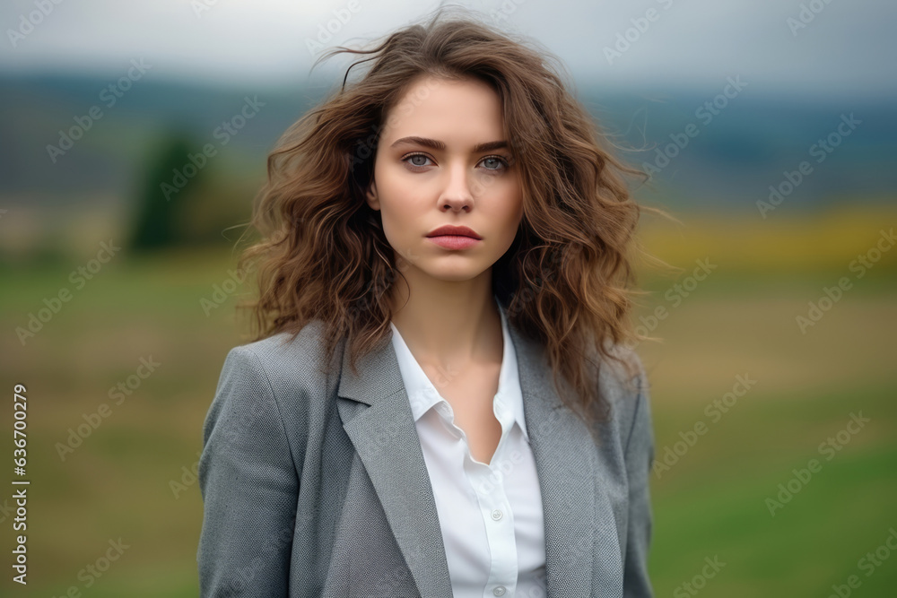 Sadness European Woman In Gray Blazer On Nature Landscape Background