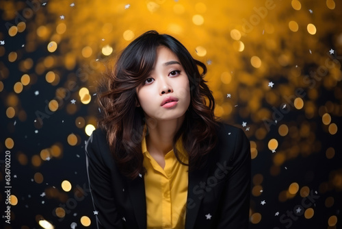 Sadness Asian Woman In Yellow Blazer On Galaxy Stars Background