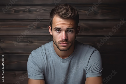 Sadness European Man In Gray Polo Shirt On Wooden Plank Background photo
