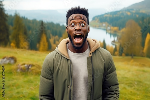 Surprise African Man In Gray Jeans On Nature Landscape Background