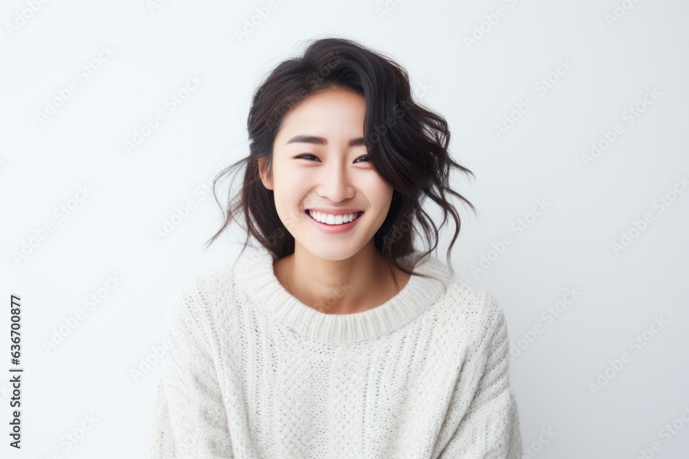 Lifestyle portrait of a Chinese woman in her 20s in a white background wearing a cozy sweater Lifestyle portrait of a Chinese woman in her 20s in a white background wearing a cozy sweater