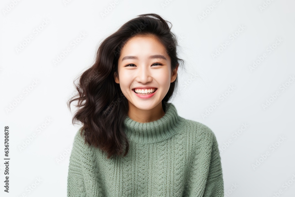 Lifestyle portrait of a Chinese woman in her 20s in a white background wearing a cozy sweater Lifestyle portrait of a Chinese woman in her 20s in a white background wearing a cozy sweater