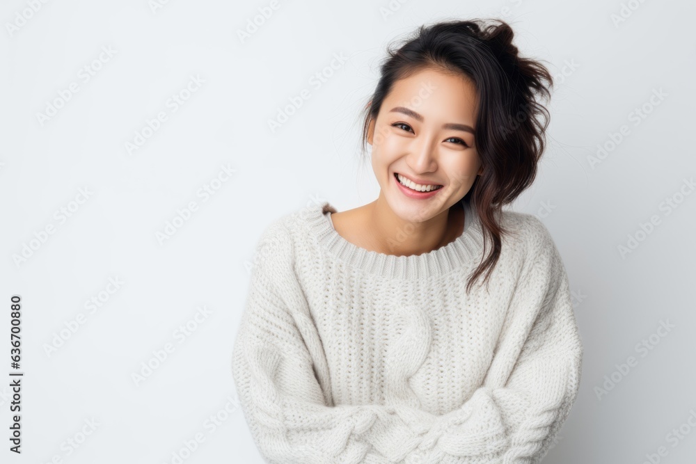 Lifestyle portrait of a Chinese woman in her 20s in a white background wearing a cozy sweater Lifestyle portrait of a Chinese woman in her 20s in a white background wearing a cozy sweater